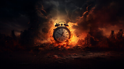 Time is running out concept shows clock that is burning up with flames and smoke