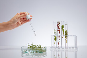 Advertising scene for cosmetic with seaweed ingredient. Lab glassware filled with different types...