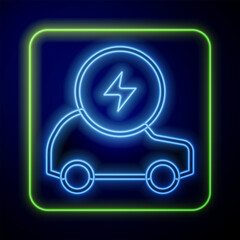 Glowing neon Electric car and electrical cable plug charging icon isolated on blue background. Renewable eco technologies. Vector