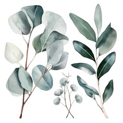 Eucalyptus watercolor set separate white background