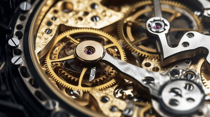 Fototapeta na wymiar Complex watch parts, Gears and cogs in clockwork watch mechanism. Generative AI
