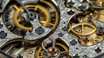 Fototapeta na wymiar Complex watch parts, Gears and cogs in clockwork watch mechanism. Generative AI