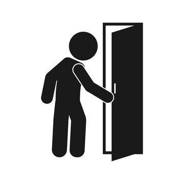 Isolated Illustration Pic Black Pictogram Man Walk And Open Door With Door Handle, Template Design For Safety Do Not Enter, Exit, Way Out, Direction, Indoor Navigation