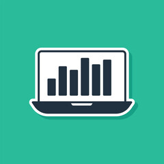 Blue Laptop with graph chart icon isolated on green background. Report text file icon. Accounting sign. Audit, analysis, planning. Vector