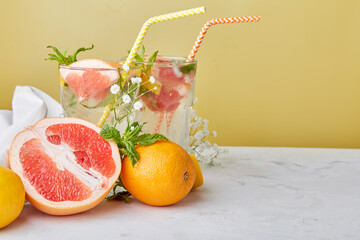 Aesthetic summer cocktails with citrus fruits. Vitaminized detox water. Low alcohol, zero proof...