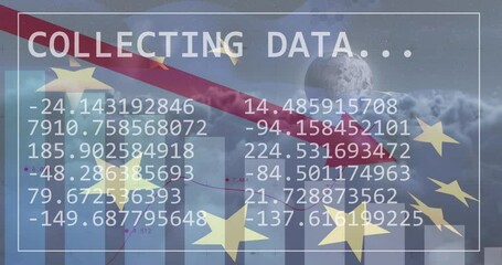 Animation of statistics and data processing over waving flag of european union - Powered by Adobe