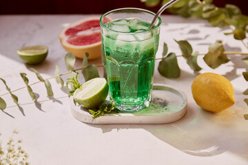 Tarragon citrus healthy detox sparkling mocktail. Non alcoholic vitaminized healthy beverage. Appletini Mocktail for St. Patricks Day.