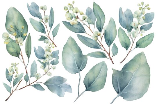 Eucalyptus watercolor set separate white background © GenerativeBackground