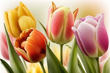 Beautiful yellow, red, pink, tulips on a green background. AI generated
