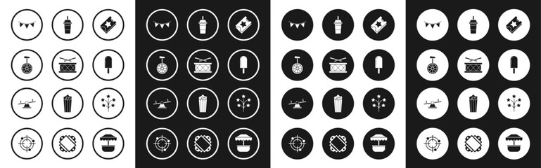 Set Ticket, Drum with drum sticks, Unicycle or one wheel bicycle, Carnival garland flags, Ice cream, Paper glass drinking straw water, Fireworks and Seesaw icon. Vector