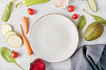 White plate in the center among vegetables and fruits close up.Vegan food, Keto, FODMAP, Paleo, Low-carb, plant-based diet, top view, copy space