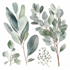 Eucalyptus watercolor set separate white background