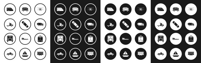 Set Old retro vintage plane, Skateboard, Delivery cargo truck vehicle, Train, Tanker, Retro minivan, Tram and railway and School Bus icon. Vector