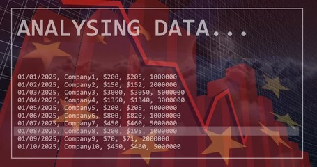 Animation of statistics and data processing over waving flag of european union - Powered by Adobe
