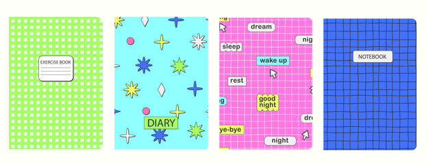 Cover page templates based on seamless geometric patterns with button, cursor, handdrawn shape, wavy, lines. Backgrounds for notebooks, notepads, diaries. Headers isolated and replaceable