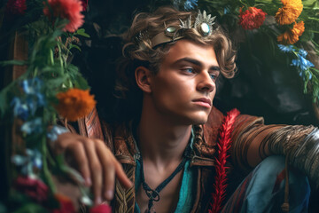 Portrait of young attractive prince  in weird fantasy cosplay clothing. Fairy tale realistic image made with Generative AI - obrazy, fototapety, plakaty