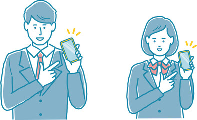 携帯を指差している学生　男女