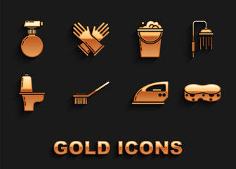 Set Toilet brush, Shower head with water drops flowing, Sponge, Electric iron, bowl, Bucket foam and bubbles, and Rubber gloves icon. Vector
