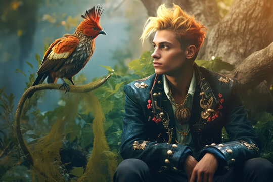Portrait of young attractive prince  in weird fantasy cosplay clothing. Fairy tale realistic image made with Generative AI