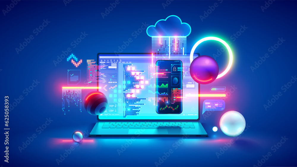 Fototapete Technology of Software development, web design, programming concept. Program code on screen laptop, phone, code of program, data, interface elements on screen laptop. Software development Tech Banner