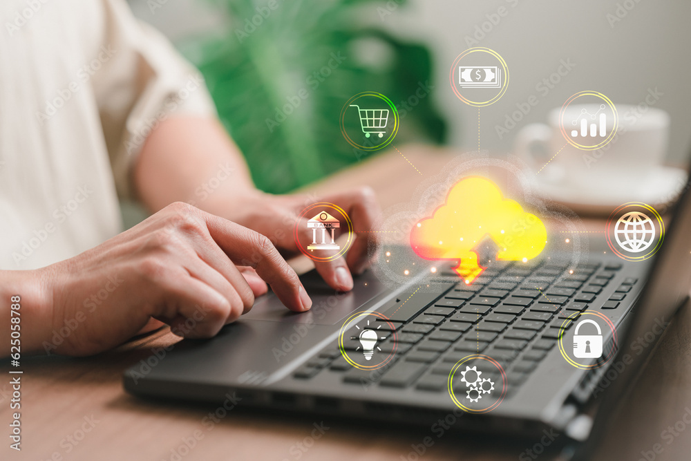 Poster Businessman using laptop computer with cloud computing diagram. Business concept of cloud computing, Big Data Storage, Banking, Internet network security, Finance, Online Shopping, Digital link tech.