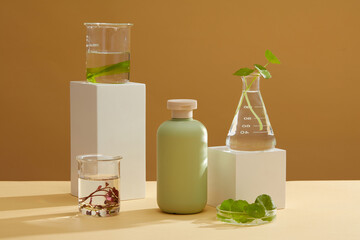 Glassware of seaweed are placed on podiums, arranged with unlabeled bottle. Seaweed helps hydrate and plump your skin for a more supple, bounce complexion