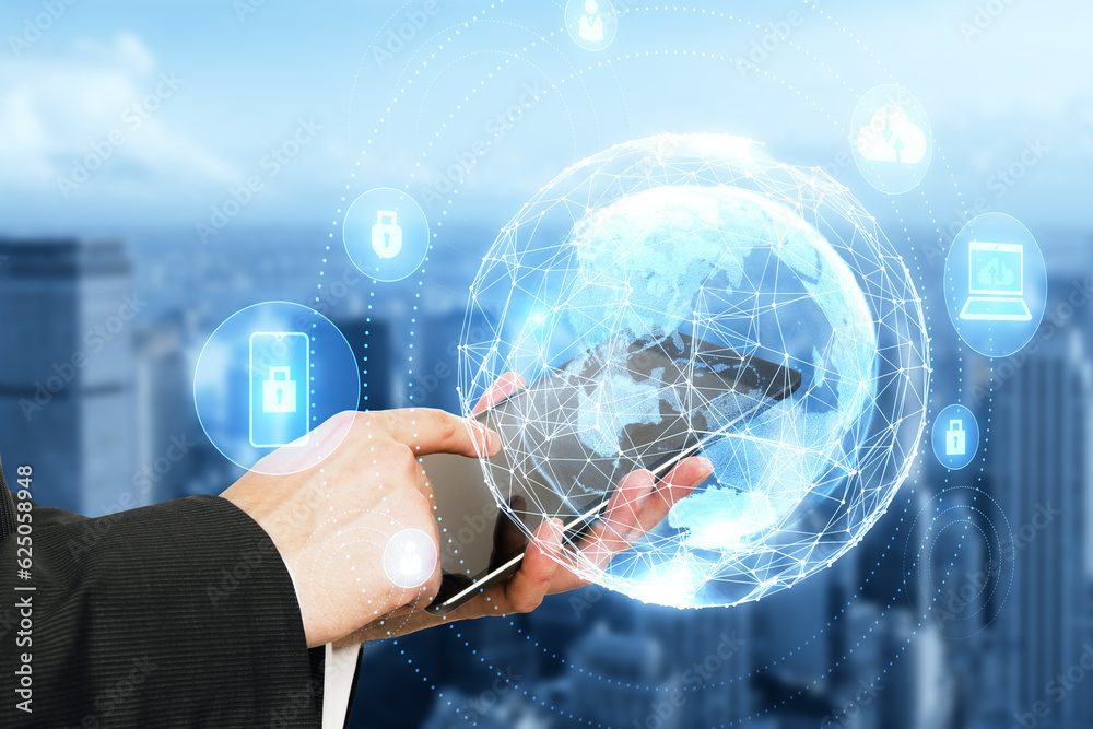 Poster close up of businessman hand using cellphone with glowing polygonal globe on blurry city background.