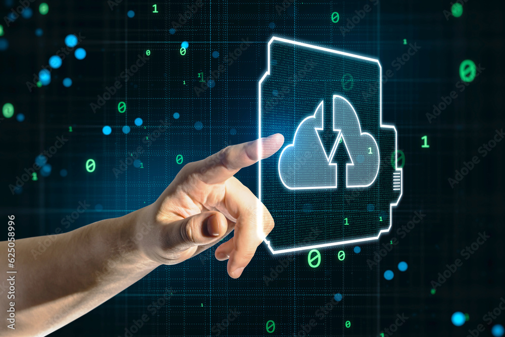 Aufkleber Cloud computing, storage and exchange concept with man finger touching virtual screen with digital cloud symbol and arrows directed towards each other on dark technological background with binary code