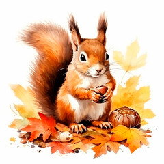 Orange forest squirrel watercolor with fall leaves. Autumn watercolor AI generative isolated illustration