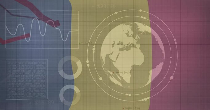 Animation of statistics and data processing over waving flag of chad