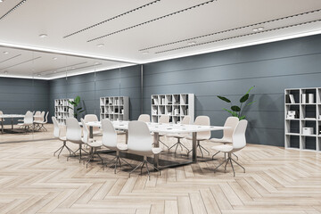 Perspective view of modern negotiant office room with big working desk and chairs, grey wall and wooden floor. 3D Rendering