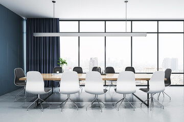 Front view of light modern meeting room with panoramic city view window on background, wooden office desk, concrete floor and blue wall. 3D Rendering