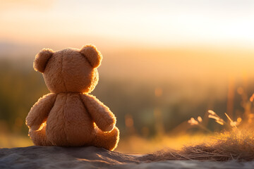Back view of teddy bear toy sitting with background of mountain view at sunset.