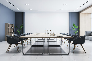Side view of modern empty conference room with wooden office desk and chairs, white wall, tiles floor, and houseplant. 3D Rendering