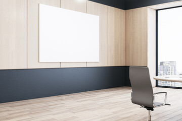 Blank white board on wooden wall in a modern empty conference room with window city view background, mock up. 3D Rendering