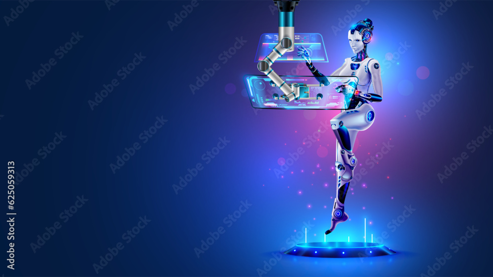 Aufkleber AI in image robot woman working with futuristic interface on transparent computer touch screen. Artificial intelligence analyst data on display of computer. Female cyborg. Artificial neural networks.