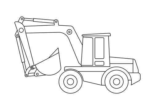 Excavator with crane, tractor for construction, line coloring. Outline of  digger on side. Industrial drawing of bulldozer. Automotive contour drawing. Vector isolated illustration