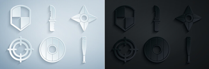 Set Round wooden shield, Japanese ninja shuriken, Target sport, Baseball bat, Military knife and Shield icon. Vector