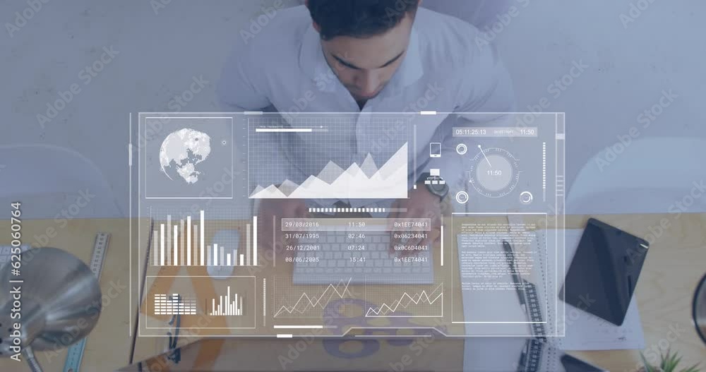 Poster animation of data processing over asian businessman in office using computer