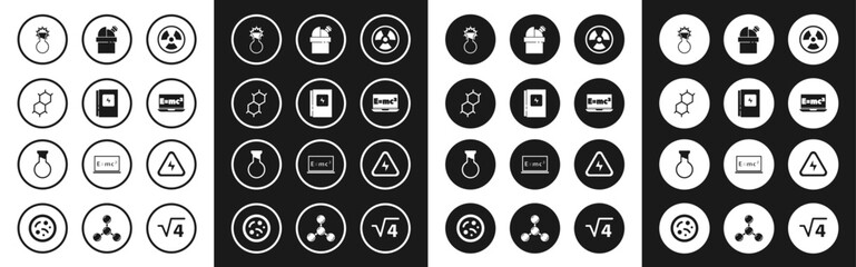 Set Radioactive, Electrical panel, Chemical formula, Test tube and flask, Equation solution, Astronomical observatory, High voltage and icon. Vector