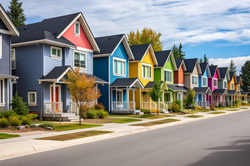 Street of residential houses. Row of colorful townhouses. Generative AI