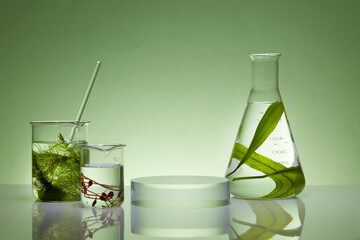 Abstract minimal scene for advertising and display product on backlit green background. Transparent...