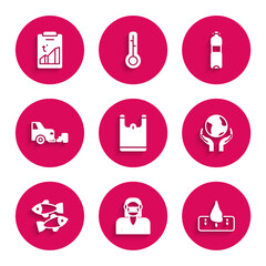 Set Plastic bag, Face in protective mask, Deforestation, Hands holding Earth globe, Dead fish, Car exhaust, Bottle of water and Global warming icon. Vector