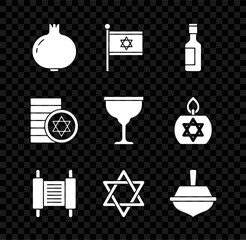 Set Pomegranate, Flag of Israel, Jewish wine bottle, Torah scroll, Star David, Hanukkah dreidel, coin and goblet icon. Vector