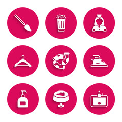 Set Socks, Stain on the tablecloth, Washbasin, Electric iron, Bottle of liquid soap, Hanger wardrobe, Cleaning lady service and Handle broom icon. Vector