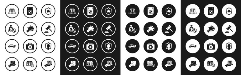 Set Piggy bank with shield, in hand, Money, House flood, Judge gavel, Calendar, Life insurance and Car icon. Vector