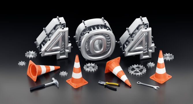 The Error 404 - Page Not Found. A row of 3D digits are composed into the number 404 in surrounding of engineering tools and mechanical gears. 3D rendering graphics in isometric projection.