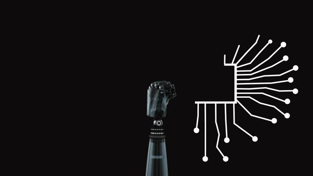 Animation of ai data processing over robot's arm and dark background