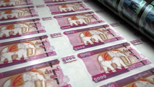 Myanmar money Burma Kyat money banknotes printing roll machine loop. Paper MMK bank note print 3d looping seamless. Abstract concept of banking, debt, finance, economy and crisis.