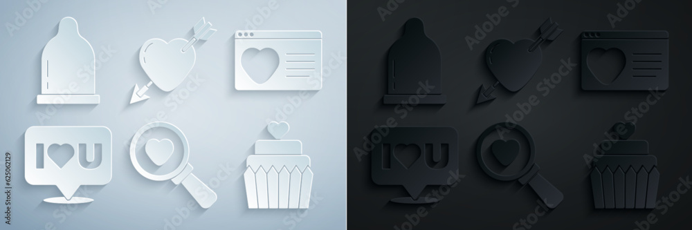 Sticker Set Search heart and love, Dating app online, Speech bubble with I you, Wedding cake, Amour arrow and Condom icon. Vector